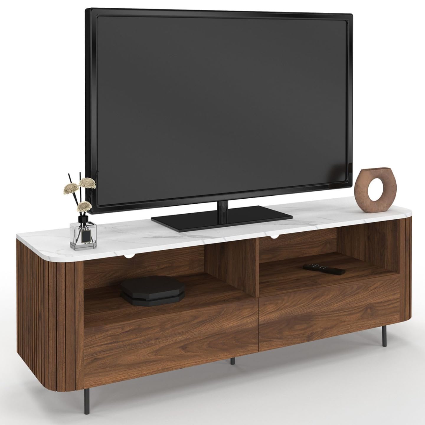 IDMarket - Meuble TV 140 cm Marla Noyer Effet Lattes 2 tiroirs et Plateau marbre Blanc Alaska