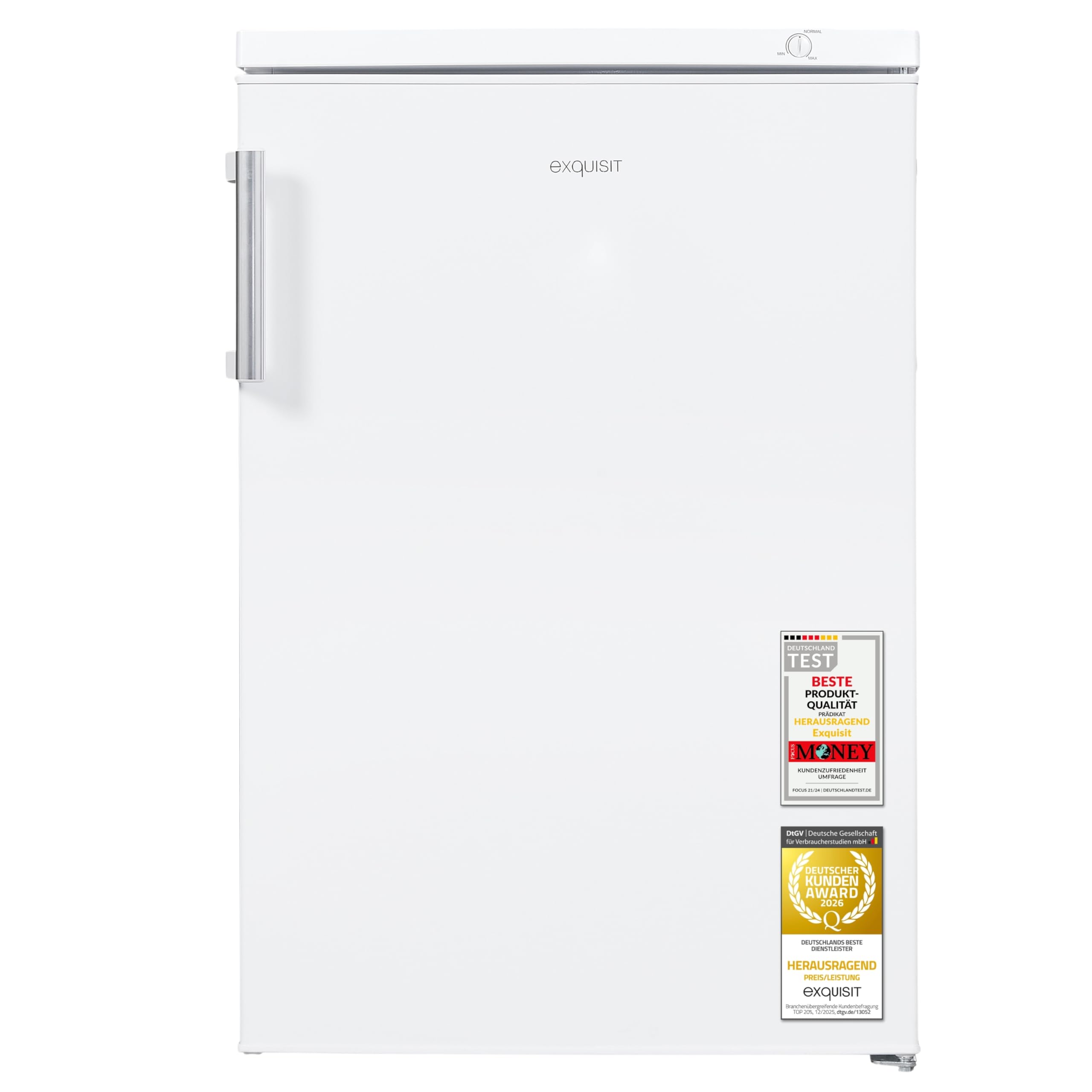 Exquisit Gefrierschrank | 85 l Nutzinhalt, Energieeffizienzklasse D, 40 dB(A) | kompakte Bauform, 4-Sterne-Gefrieren, manuelle Temperaturregelung, wechselbarer Türanschlag | GS581-H-010D weiss