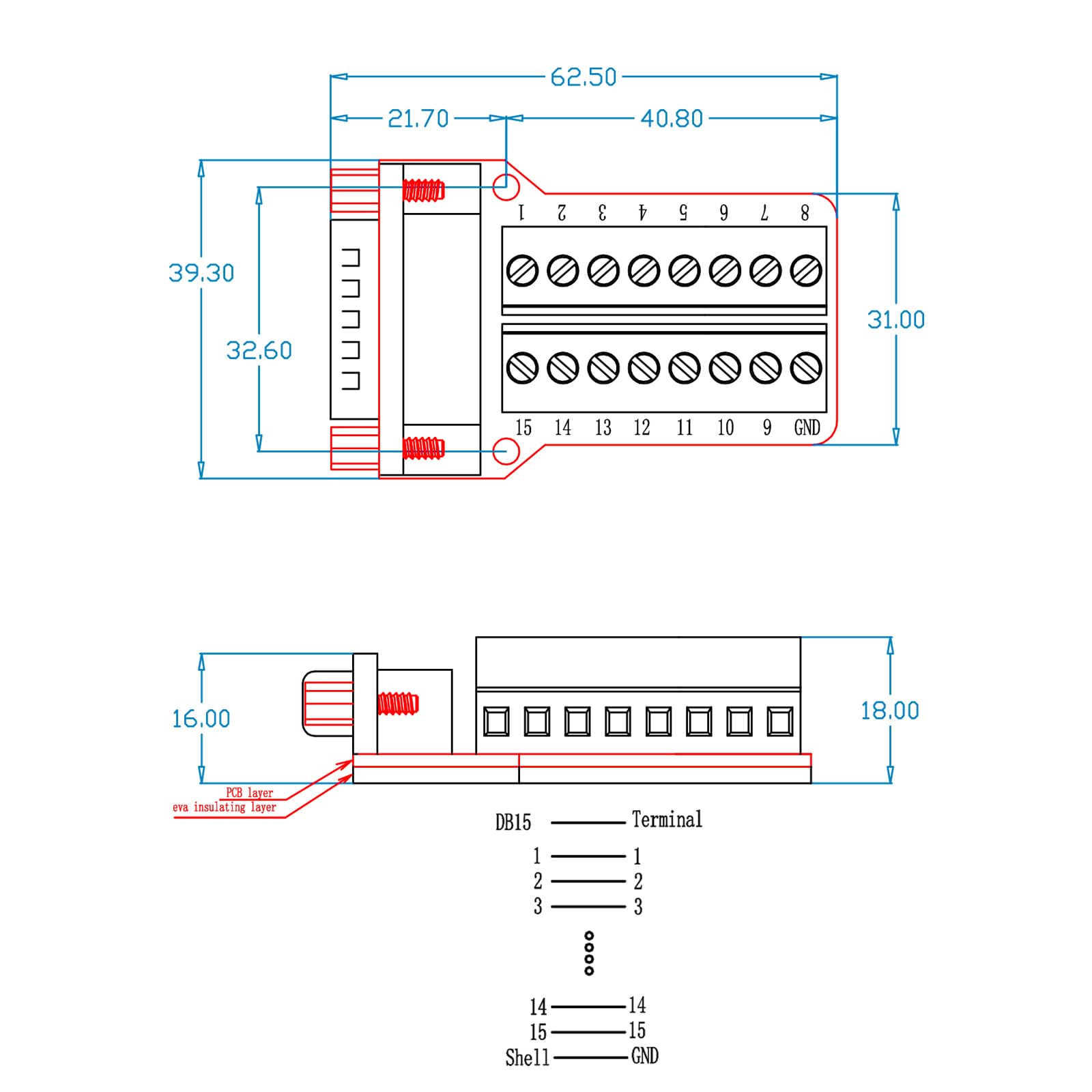 DB15 - Adattatore a 15 poli, connettore Breakout D-SUB RS-232, seriale su 15 poli, morsettiera senza saldatura, modulo di segnale con cuscinetto isolato