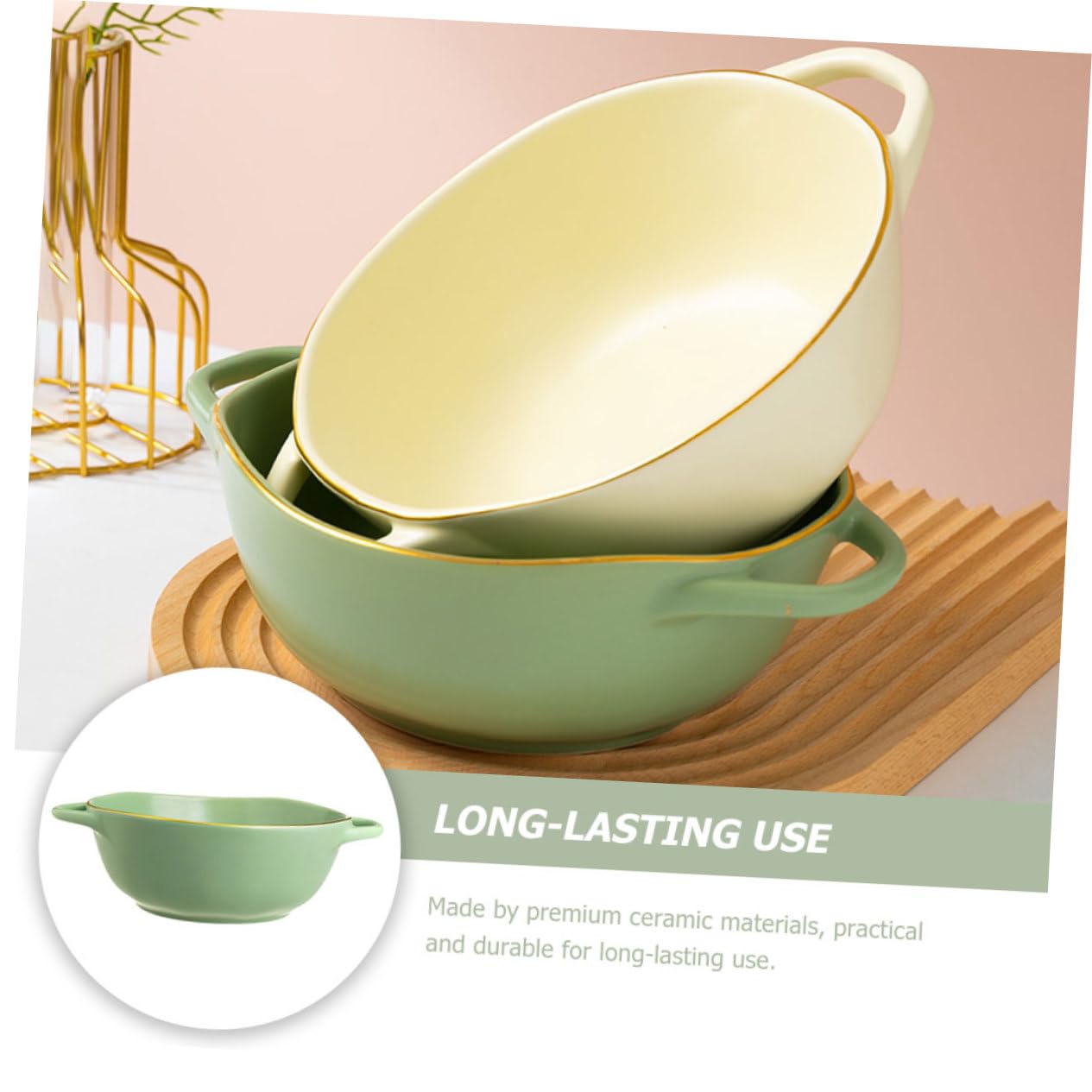 VANZACK Bol de para Sopa y Ensalada con Doble Asa Resistente al Calor Apto para Horno Decoración de Cocina Verde Matcha Fácil de Limpiar Deformaciones