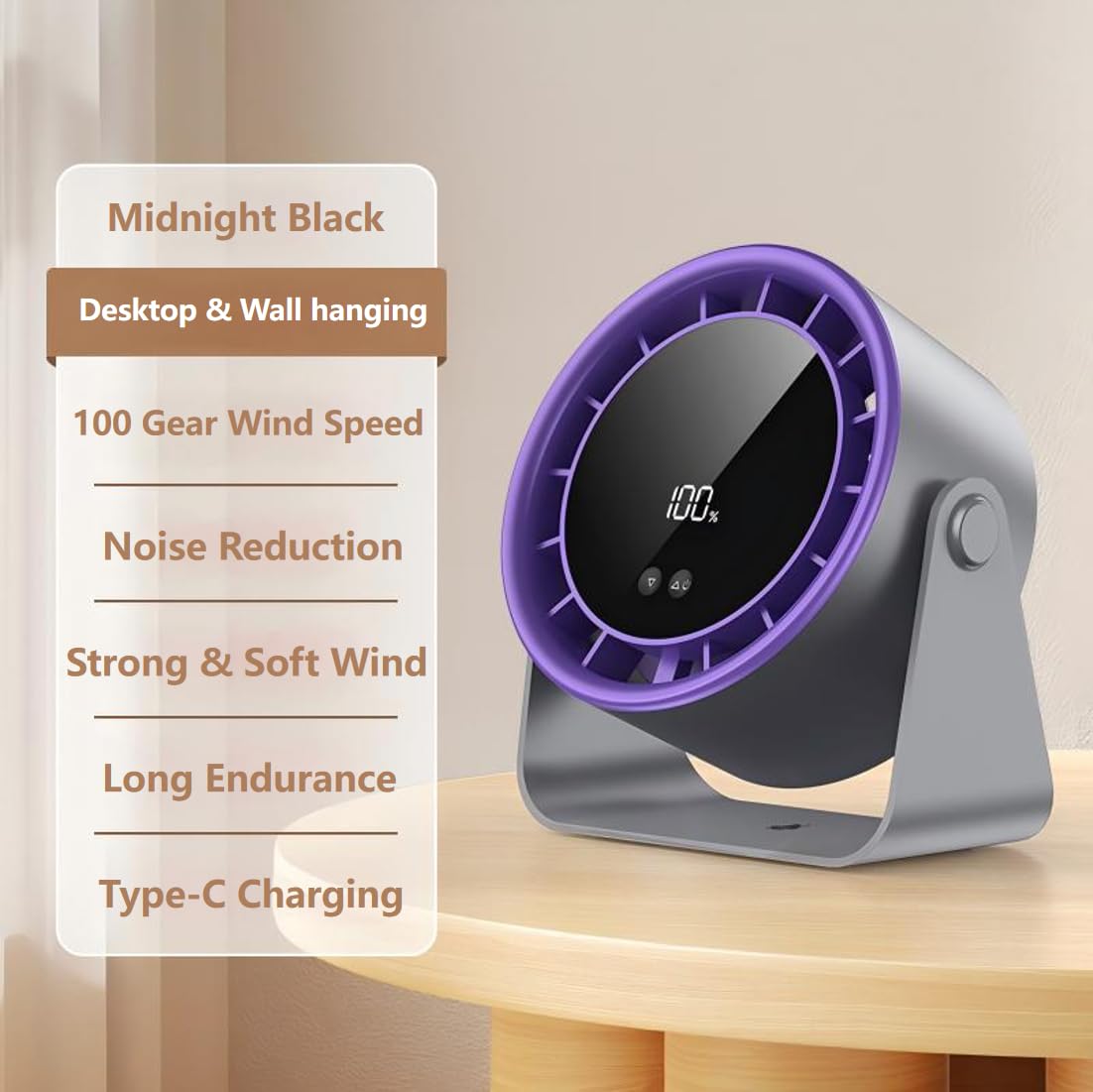 Ventilatore da tavolo da parete, ultra silenzioso, 35 dB, con display digitale, ventola ricaricabile USB a 100 velocità, inclinazione di 105° e autonomia di 10 ore, raffreddamento portatile