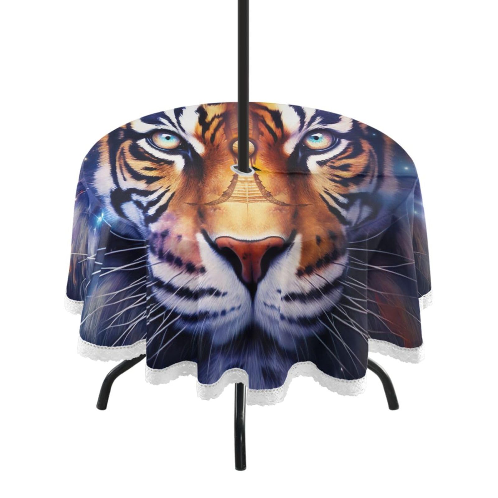 Wajiw 60 Inch Indoor Outdoor Round Tablecloth with Umbrella Hole and Zipper Waterproof Patio Table Cover for Camping Dining Room Party Outdoor Picnic,Tiger