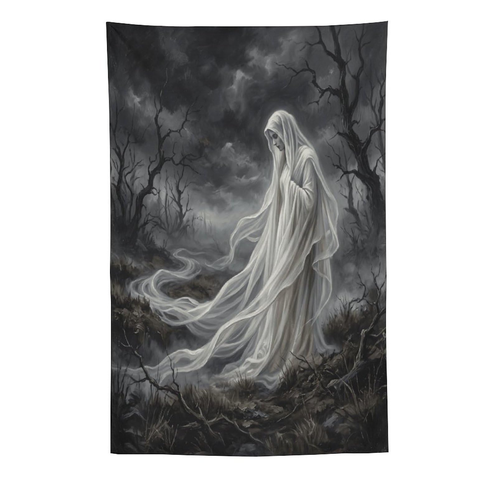 W7C8U2X3 White Ghost Storm Forest Wall Tapestry, Haunted Woodland