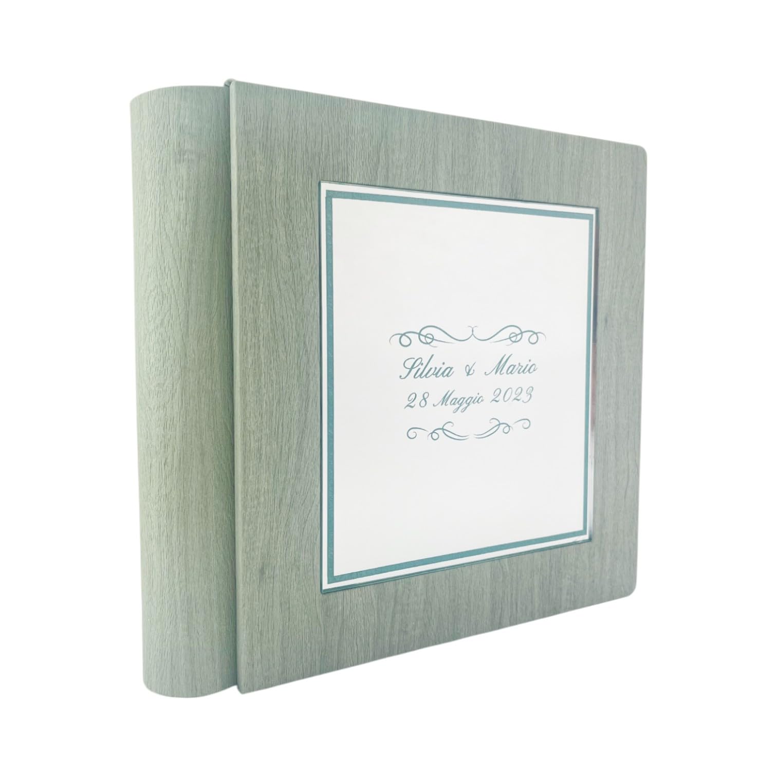 Album fotografico -Giove Mirror- in ecopelle effetto legno con riquadro Plex Specchio leserato e colorato personalizzabile, classico con velina, Nozze Comunione Anniversario Matrimonio (Verde Acqua)