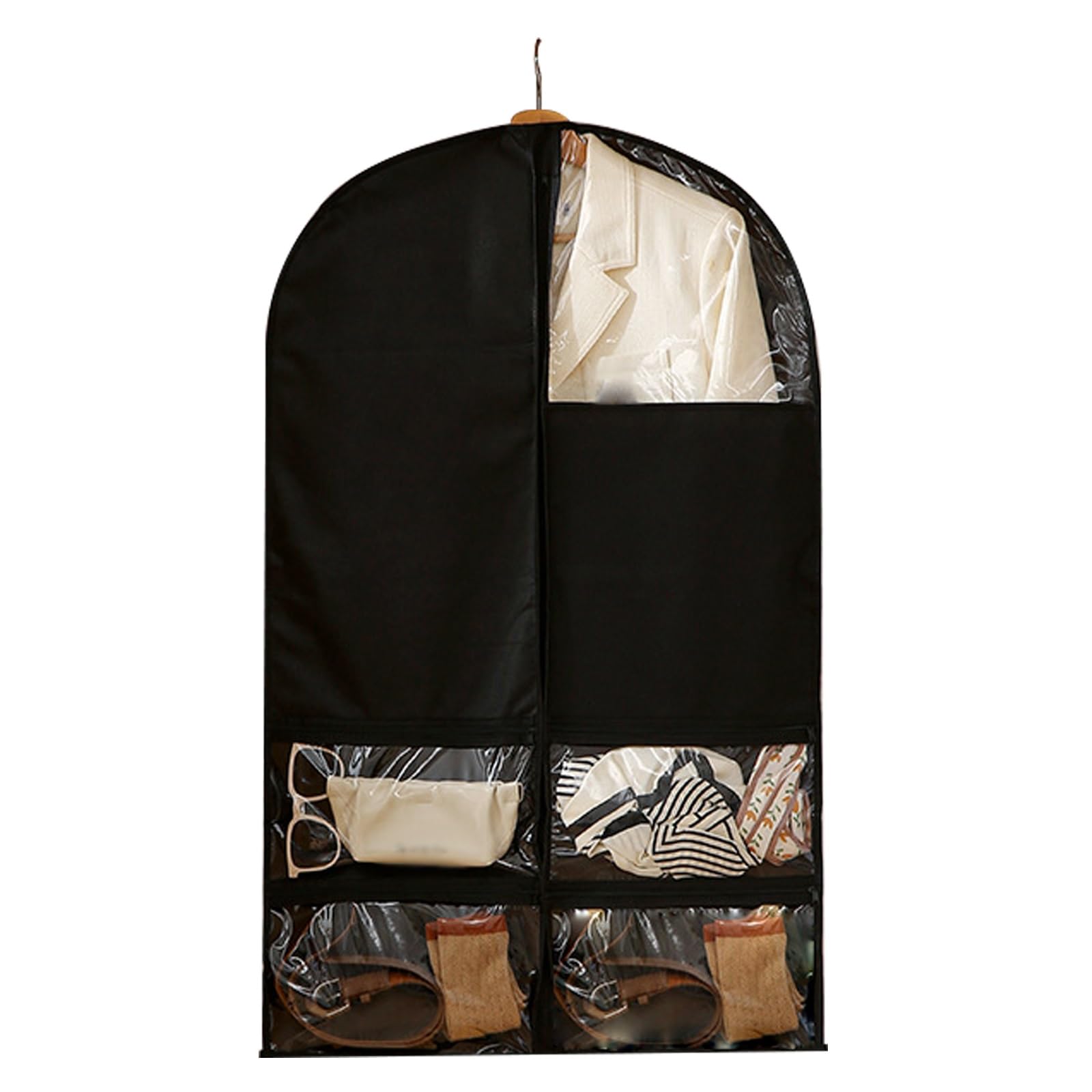 Bolsas para Ropa de Viaje y Almacenamiento, Fundas Protectoras para Ropa, con 4 Bolsillos Transparentes, para Ropa, Trajes, Vestidos, Camisas y Abrigos (Negro, 120 cm 47 Pulgadas)