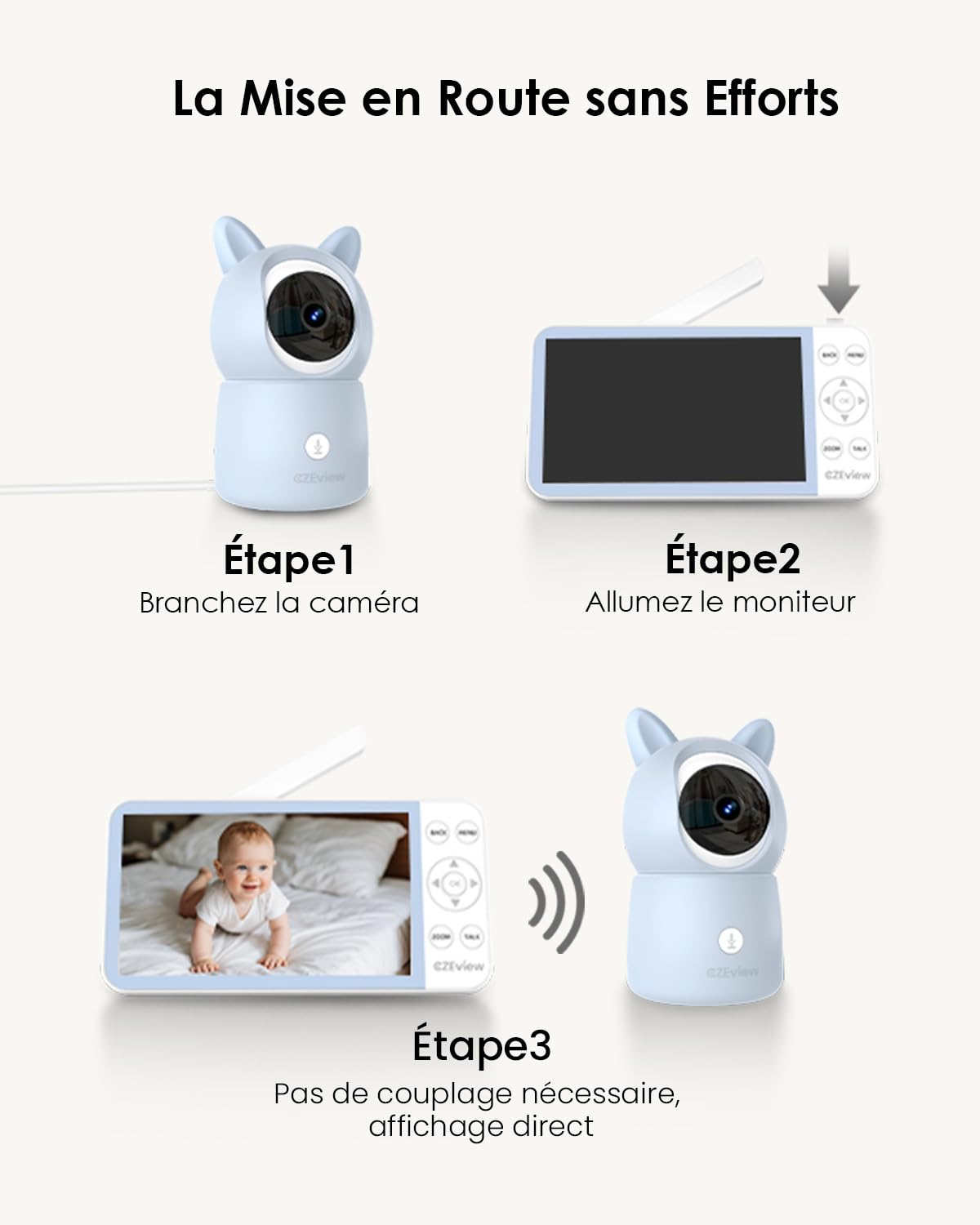 CZEview Babyphone Caméra 2.5K & Ultra Grand Moniteur HD 5,5", Qualité d'image au Top, 360°, APP, Veilleuse & Musique, Vision Nocturne, Caméra Bébé (Bleu (1 pièce)) | écran super clair, vision nocturne, audio bidirectionnel, berceuses, capteur temp., 360°