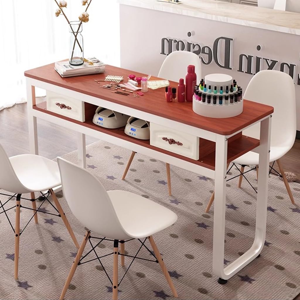 Biurko do makijażu paznokci z 2 szufladami, sprzęt do zdobienia paznokci, panel z drewna sosnowego, szafka do manicure, do salonu, domu, biura, stacja robocza (Styl 4, 140)