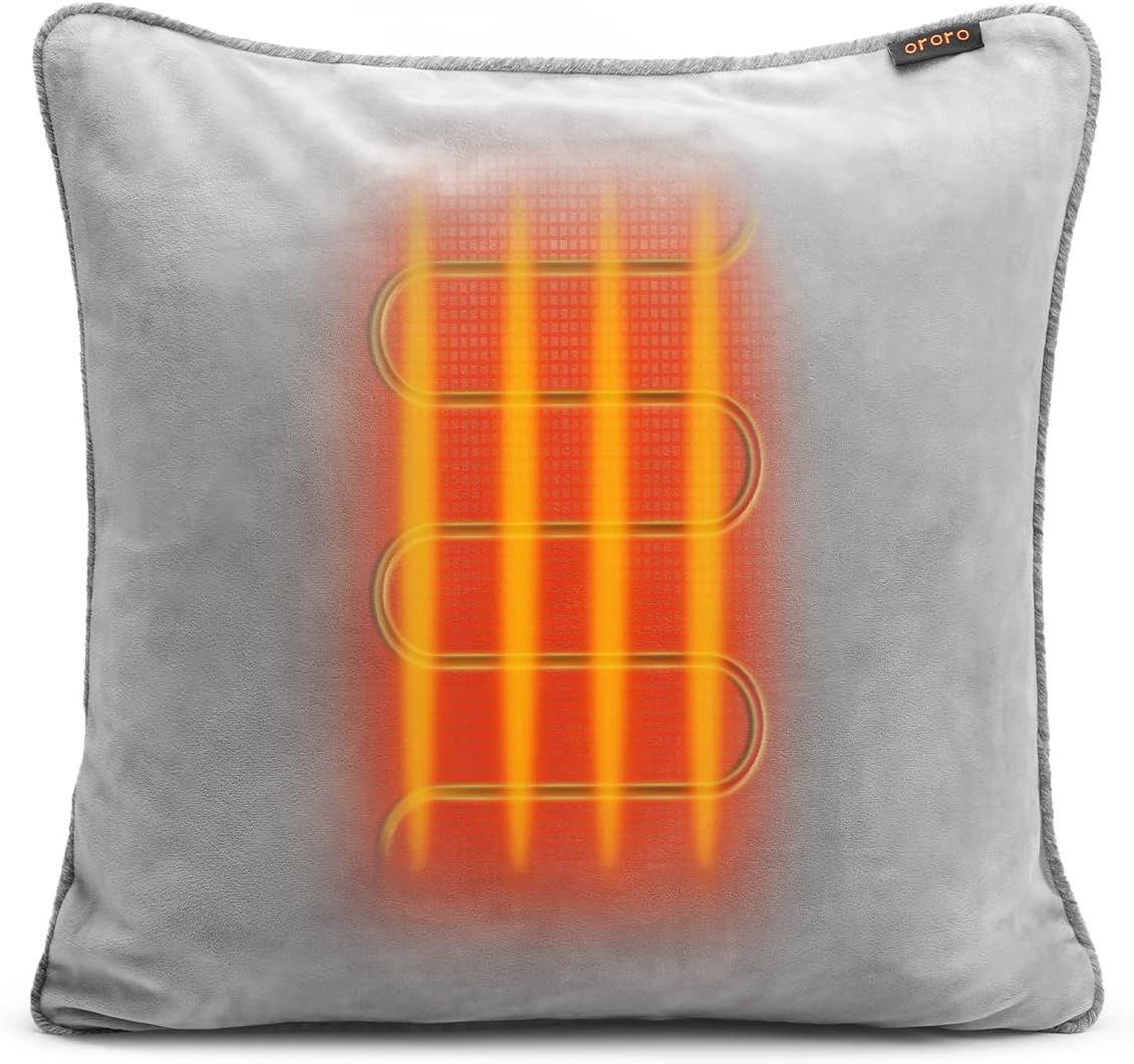 ORORO Rechargeable Heated Throw Pillow Cover for Home and Camping, Soft Heating Pillow Case (Charger Not Included) (Gray, 18×18 Inches)
