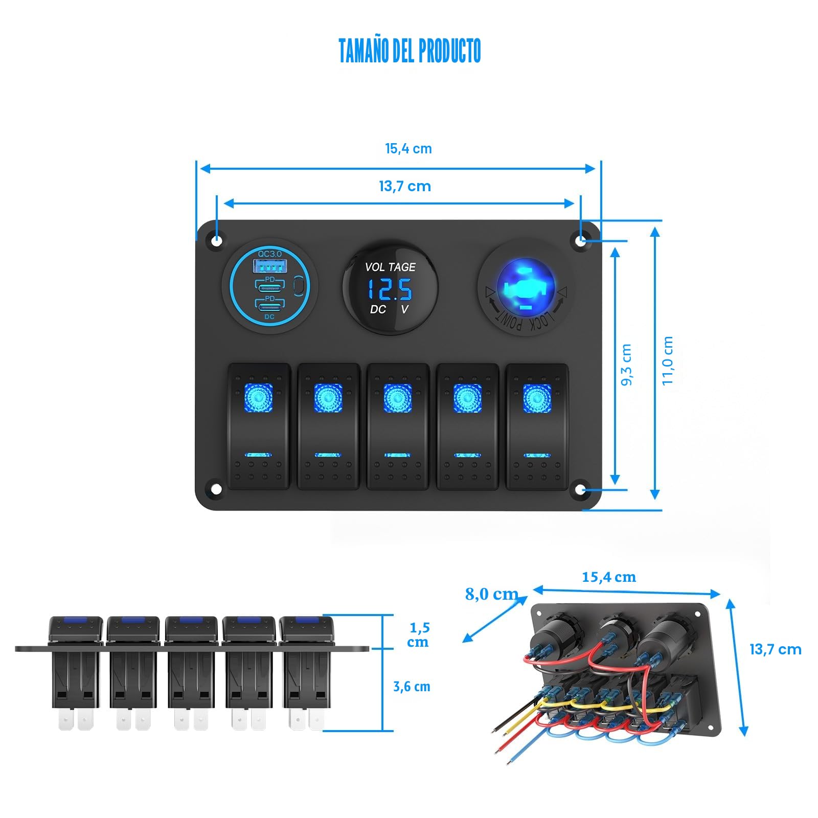 Panel de Interruptores Marinos Impermeables, 5 Gang Rocker Switch Cargador de Aluminio con 3 puertos 66W 12V USB Outlet, 150W Enchufe del encendedor y Voltímetro LED azul para Camión Coche RV, etc.