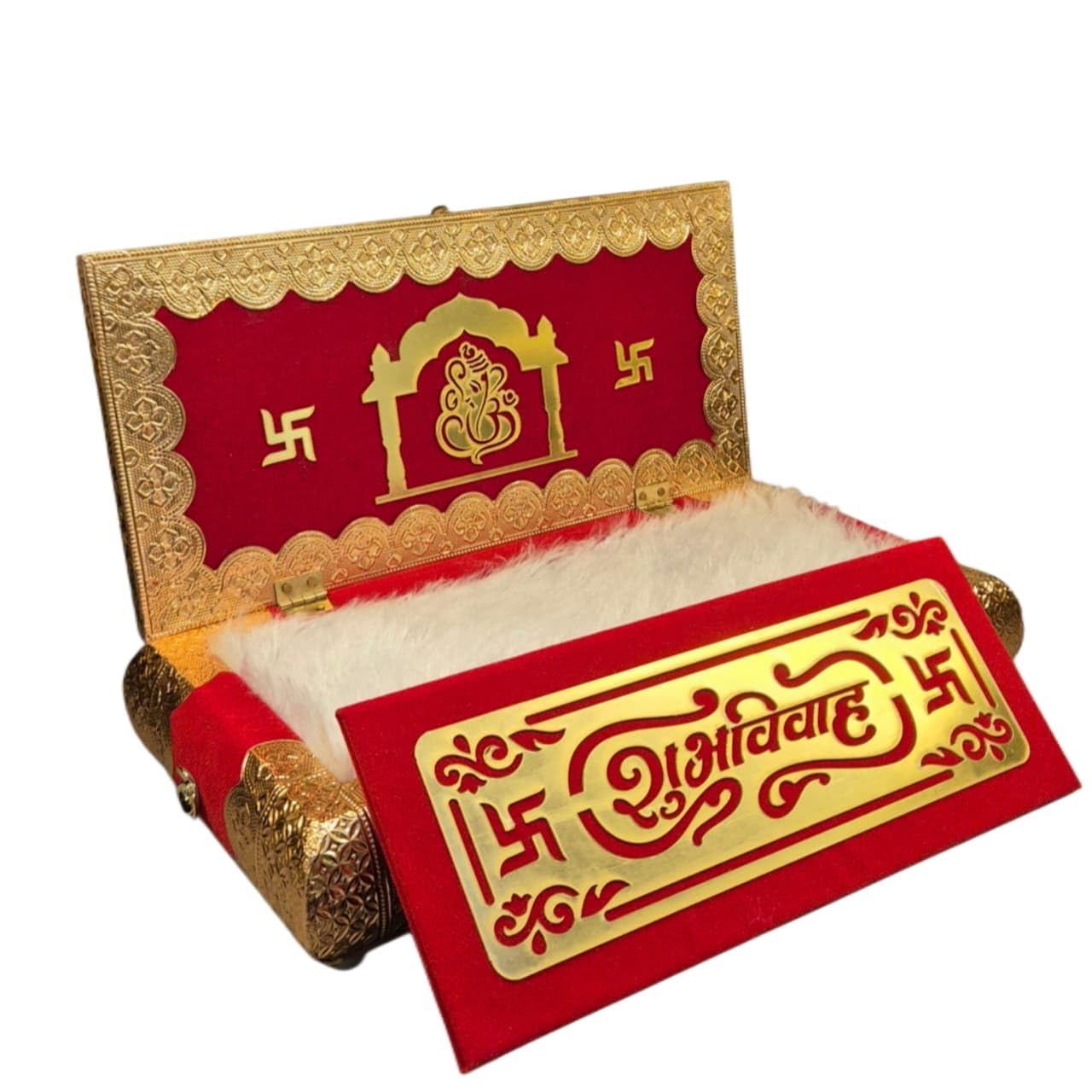BALAJI MART Red Velvet Wedding Invitation Box with Gold Brass Frame, Design, 12x6 Inch, Traditional Marriage Patrika with Tassel 2