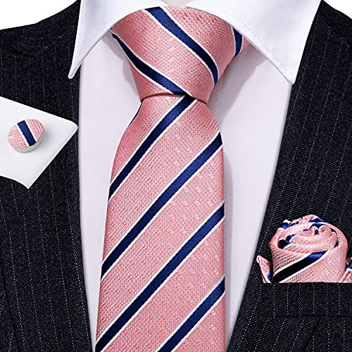 Image of Barry.Wang Man Stripe Ties Set Silk Woven Pocket Square Necktie Cufflinks Formal Party Business