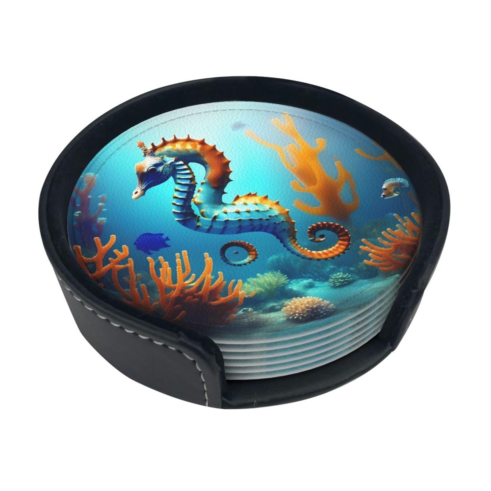 Cntdbu White Seabed Coral Seahorse Leather Coasters Set Of 6-Pu Leather Drink Mats For Table, Heat Resistant Round Coasters With Holder
