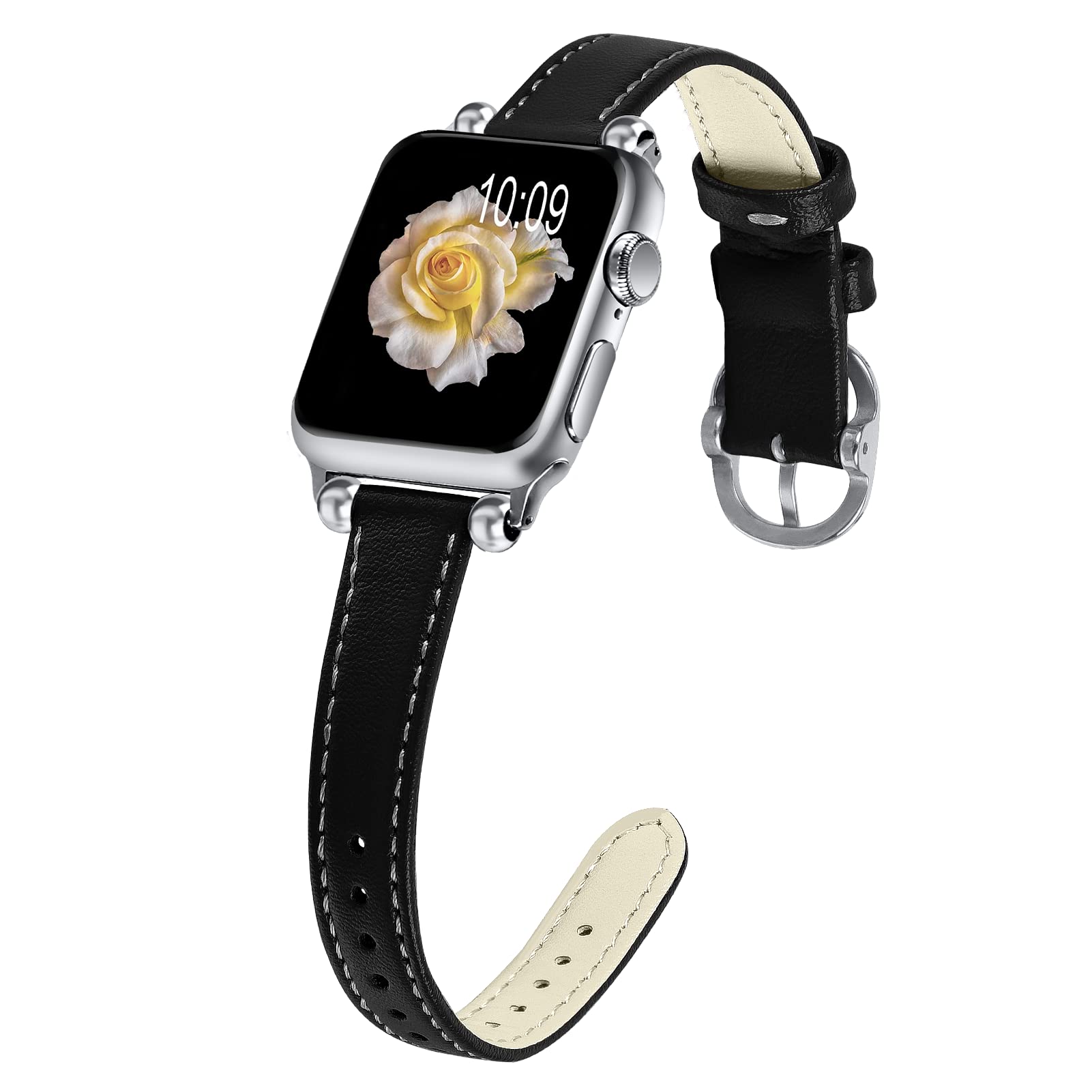 JOYOZY Slim Leather Band for Women Compatible with Apple Watch 49MM 45MM 44MM 42MM 41MM 40MM 38MM, Cute Fancy Top Genuine Leather Strap for iWatch Ultra, Series SE/9/8/7/6/5/4/3/2/1 (Black/Silver)