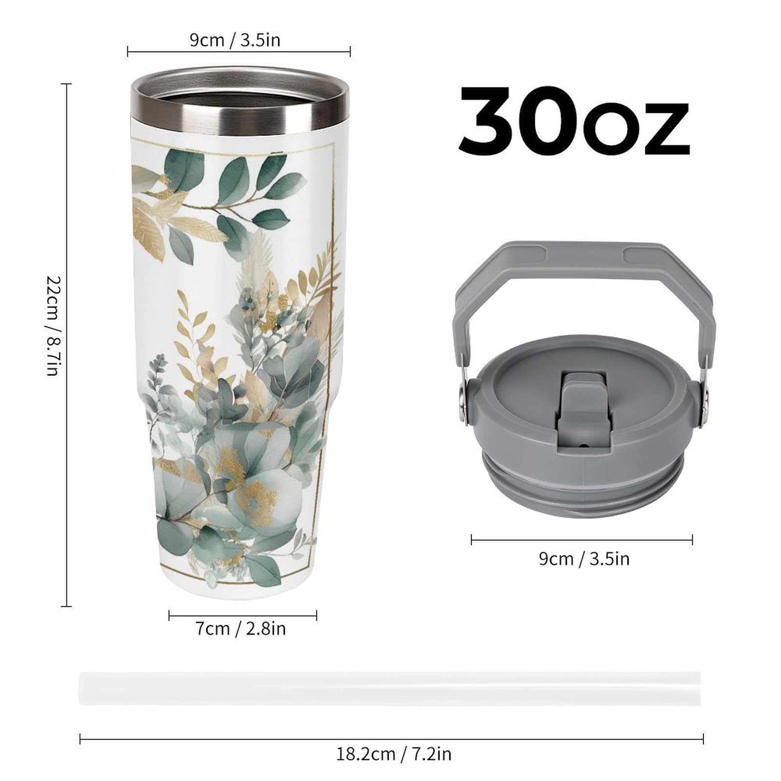 Amazon.com: 30OZ Stainless Steel Tumbler with Handle & Straw Lid - Vacuum  Insulated for 12H Hot/Cold, Tapered Design Fits Car Cup Holders, Gold And  Green Leavesprinting Insulated Cup,Camping & Gym Commute Essenti :