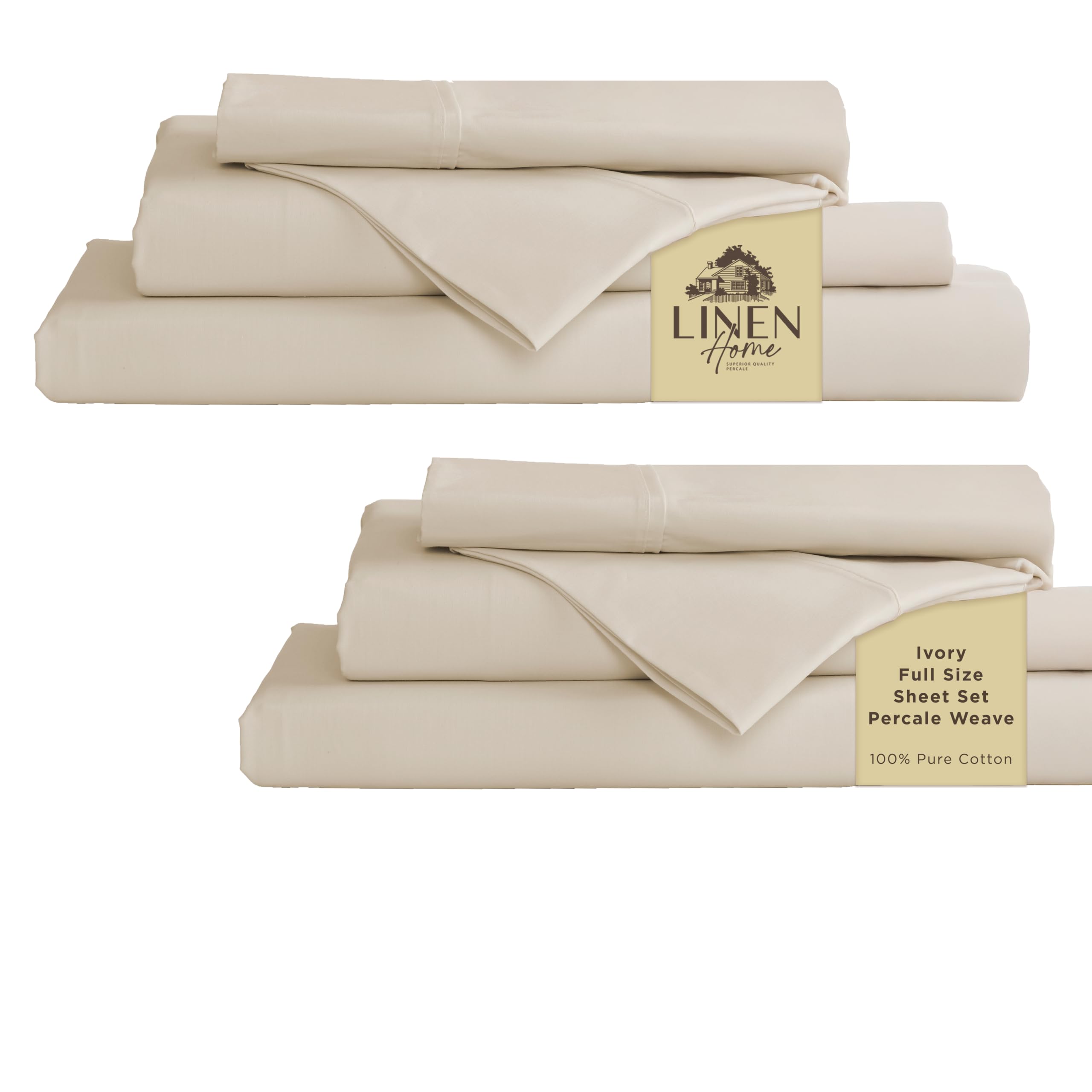 Linen Home 2-Pack Full Sheet Set, 100% Cotton Percale Bedding, 8-Piece Value Bundle, Deep Pocket Cooling Bed Sheets for Hot Sleepers, Breathable &amp; Crisp Hotel Quality, Long-Staple Cotton, Ivory