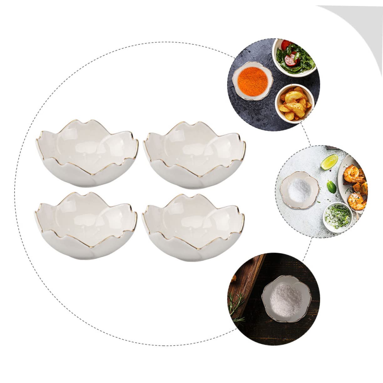 4pcs Seasoning Dish Food Tray Spices White Stand Porcelain Sauce Bowl Mini Dipping Plates Ceramic Sauces Plates Snack Plates Cherry Blossom Design Plates Ceramics