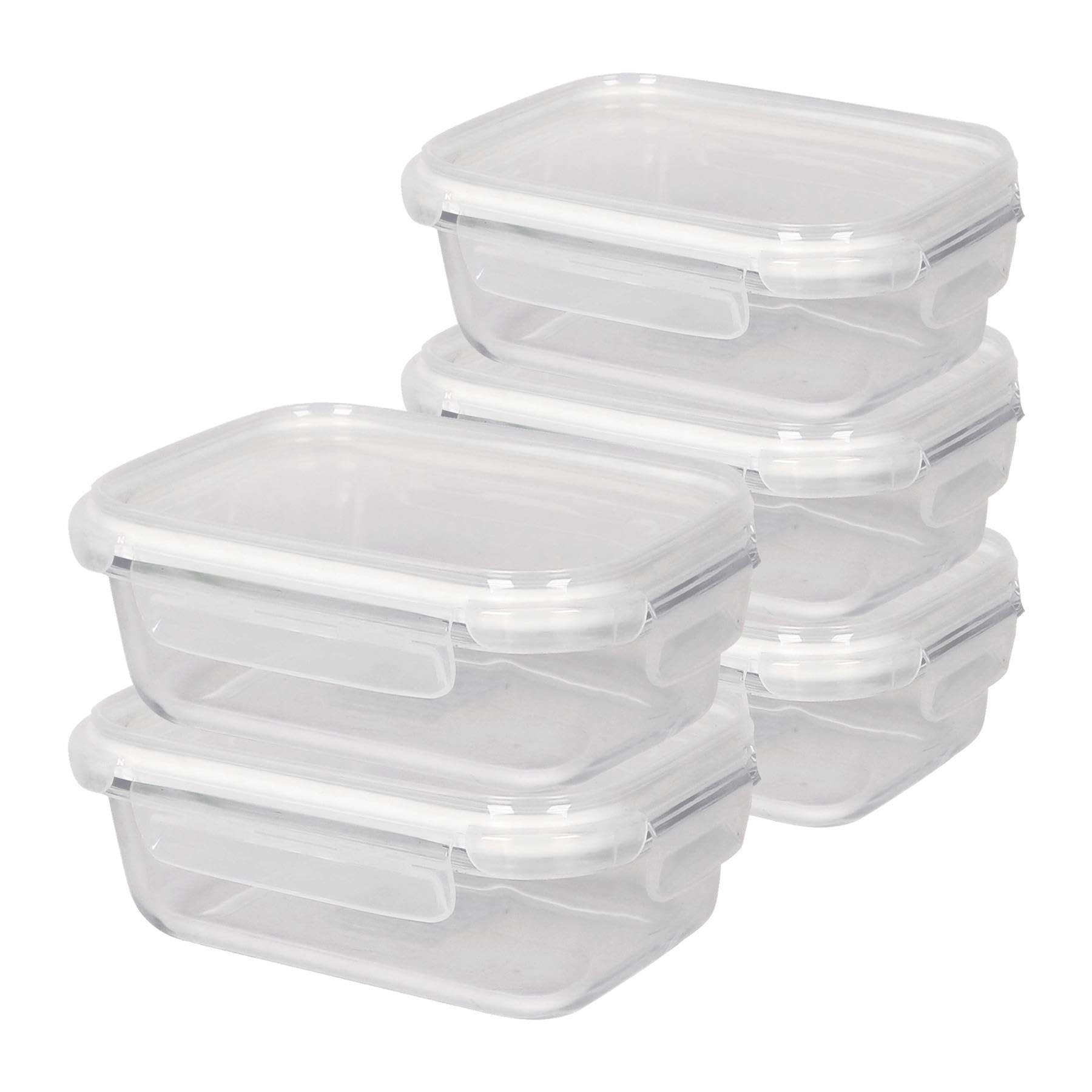 Harbour Housewares 640ml Glass Food Storage Containers with Lids - Clear/White - 5x Small Reusable Airtight Meal Prep Lunch Box Takeaway Cereal Pantry Tubs Set | Safe for Freezer and Microwave