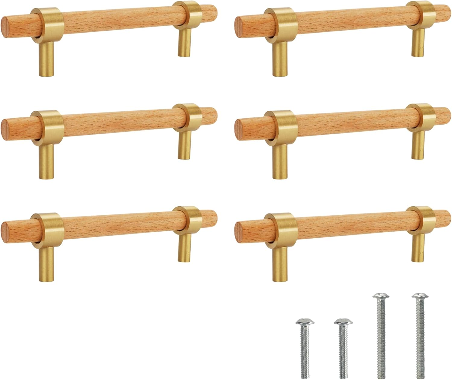 6Pcs 3.75 inch Wooden Cabinet Pulls for Dresser Kitchen Wardrobe with Screws, 5.23'' Length, Modern Mid Century Brass and Beach Wood Handles, Replacement Old Handles (Rose Gold)