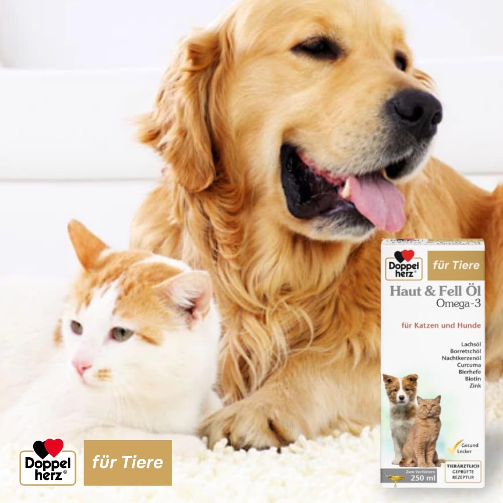 Doppelherz für Tiere Haut und Fell Öl für Katzen und Hunde | Mit essentiellen Omega- 3 und Omega-6 Fettsäuren – 250ml