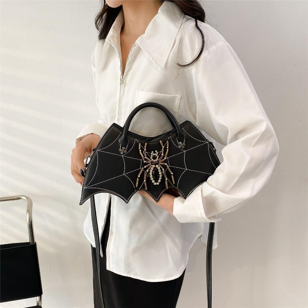 Borsa a tracolla con ali di pipistrello, borsa a tracolla in pelle PU con ragnatela divertente gotica da donna