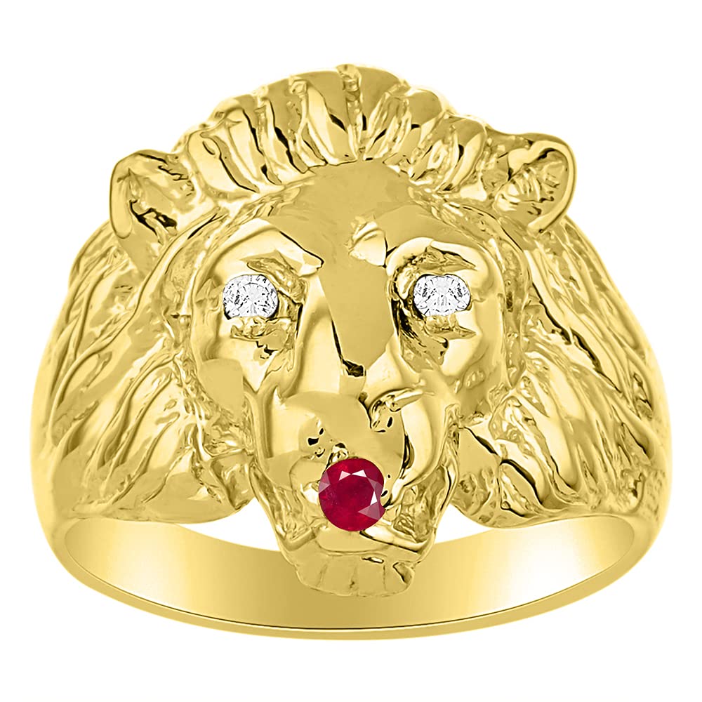 Rylos Lion Head Ring Color Stones Eyes &amp; Diamond Mouth – Fun Designer Rings in Sizes 8-13 in Yellow Gold Plated Silver