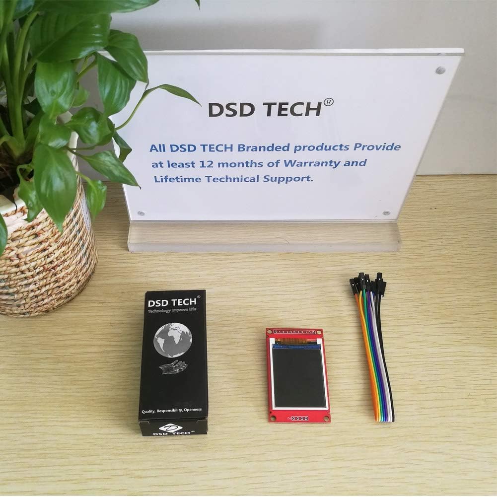 The DSD TECH 1.8 Inch TFT LCD Display Module displaying a colorful pattern and text 'Powered by DSD TECH' while connected to an Arduino Mega 2560 board.