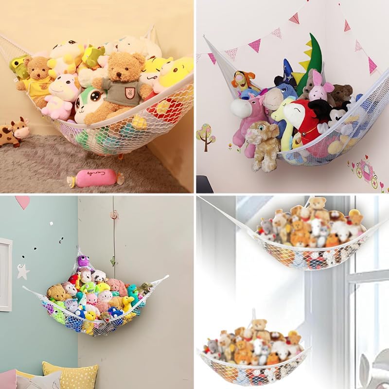White Stuffed Animal Hammock for Corner Wall – Toy Storage Net for Kids Room, Large Plush Toy Organizer with Hooks, Mesh Hanging Hammock for Stuffed Animals & Soft Toys