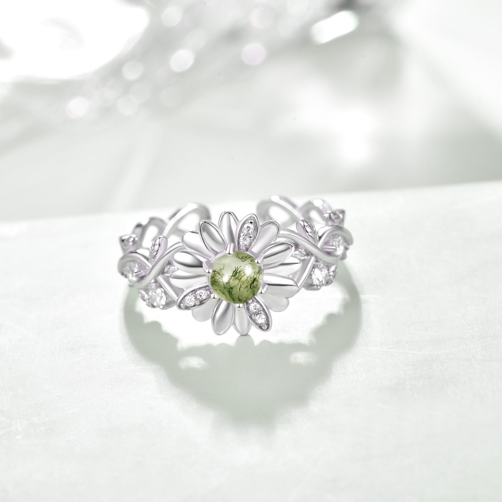 TANGPOET Anillo de plata de ley 925 con diseño de margaritas, anillo de compromiso, joyería de regalo para mujeres y mujeres, Ágata