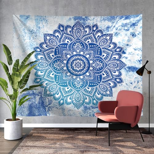 Tapisserie murale chambre deco boheme salon grand mandala bleu clair Yosugar