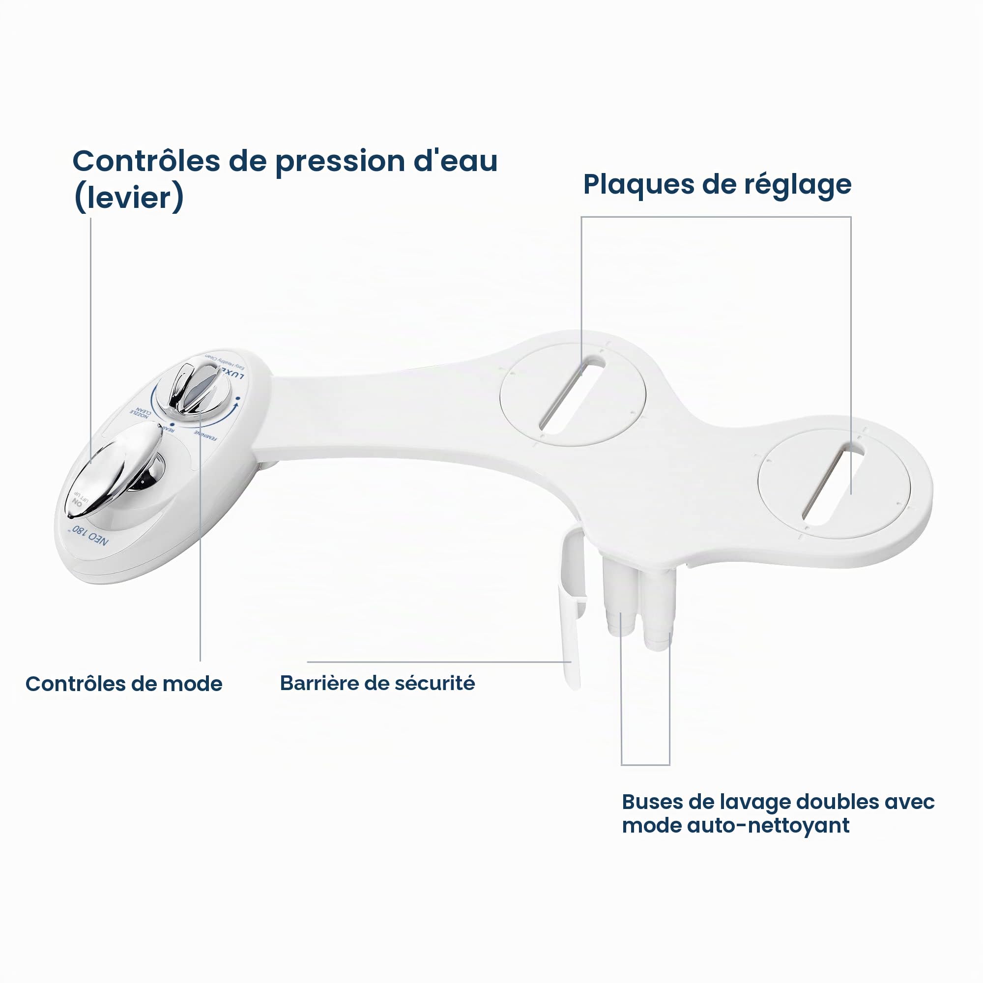 LUXE Bidet NEO 180 - Bidet non électrique avec auto-nettoyage, double buse et fixation pour siège de toilette - Pression de l'eau réglable, modes lavage arrière et intime, commande par levier, blanc