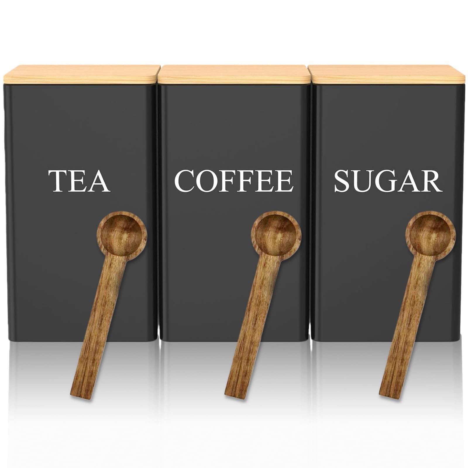 3Pcs Square Tea Coffee Sugar Canisters, 1L Vintage Kitchen Canister Set tea coffee sugar of Metal Canister Storage Jar, with Airtight Bamboo Lid for Kitchen Pantry Living Room Office Counter Storage