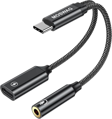 MOSWAG Adaptador de cargador y auriculares USB C 2 en 1 a 0.138 in, conector de micrófono USB C a AUX con PD de 60 W de carga rápida para estéreo,