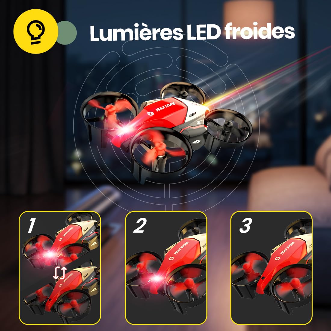 Holy Stone HS210F Mini Drone pour Enfants, RC Quadcopter 2-en-1 d'intérieur avec Lumières LED, Décollage/Atterrissage, 3D Flip, 2 Batteries Modulaires Sécurisées, Cadeau pour Garçons et Filles