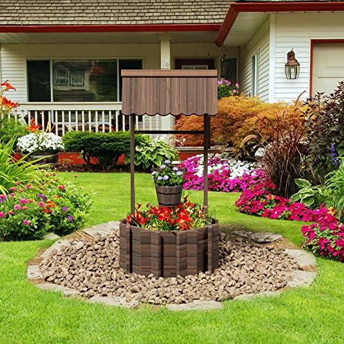 UDPATIO Wishing Well for Outdoors Planter for Plants Flowers Large Wooden Planter with Hanging Bucket, Rustic Solid Fir Wood of Decor for Garden Yard Patio Lawn Backyard Home Decorations with Gloves
