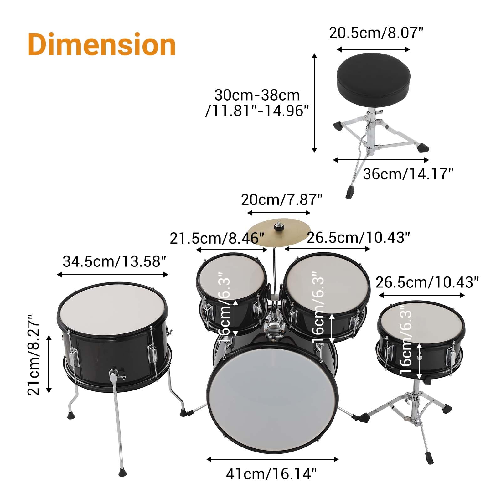 Juego de batería de 5 piezas – Kit de batería junior con Tom-Toms duales, Tom de suelo, caja y bombo, Hi-Hat, Platillo, pedal, baquetas y asiento, juego completo de percusión para principiantes para
