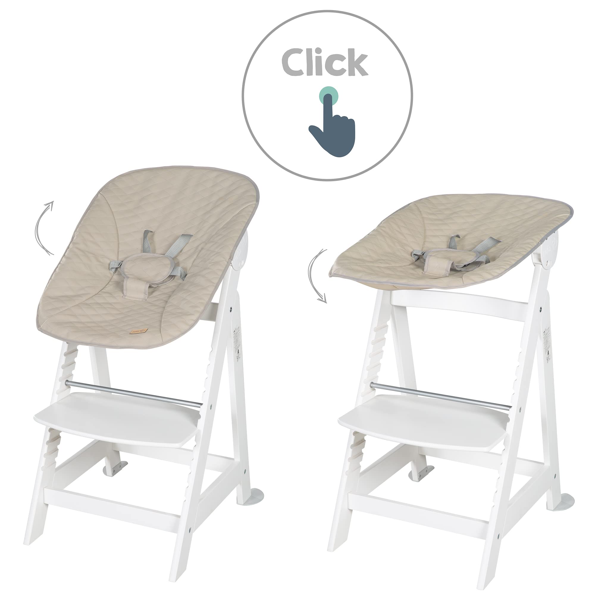 roba Seggiolone "Born Up" Set 2 in 1 - Design "Grigio trapuntato" - Funzione Pieghevole - Imbracatura - 2 Posizioni - da 0 a 6 Mesi - Legno Laccato Bianco/Grigio