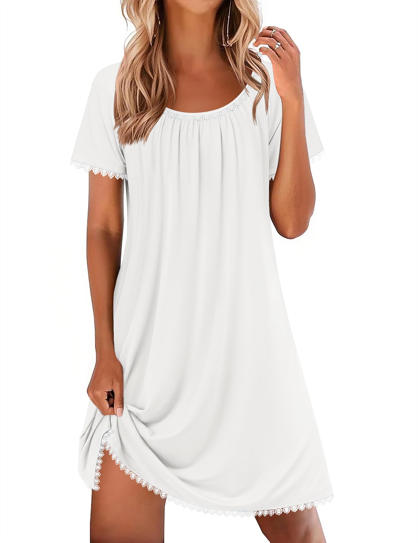 Cotton Nightgowns for Women Lace Trim Sleep Shirts Short Sleeve Night Shirts Sleep Dress with Pockets