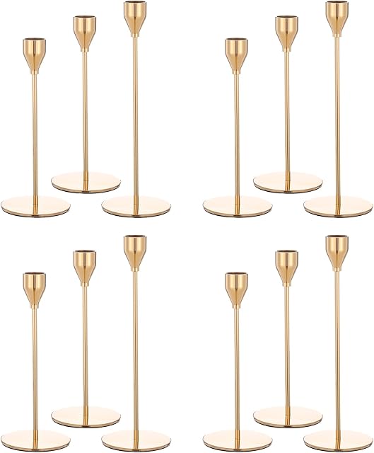 Showgeous Set of 12 Candlestick Holders, Gold Candle Holder for Taper Candle, Fits 3/4 inch Thick Candle & Led Candles, Decorative Candlestick Holder for Home Decor, Wedding, Candlelight Dinner, Party