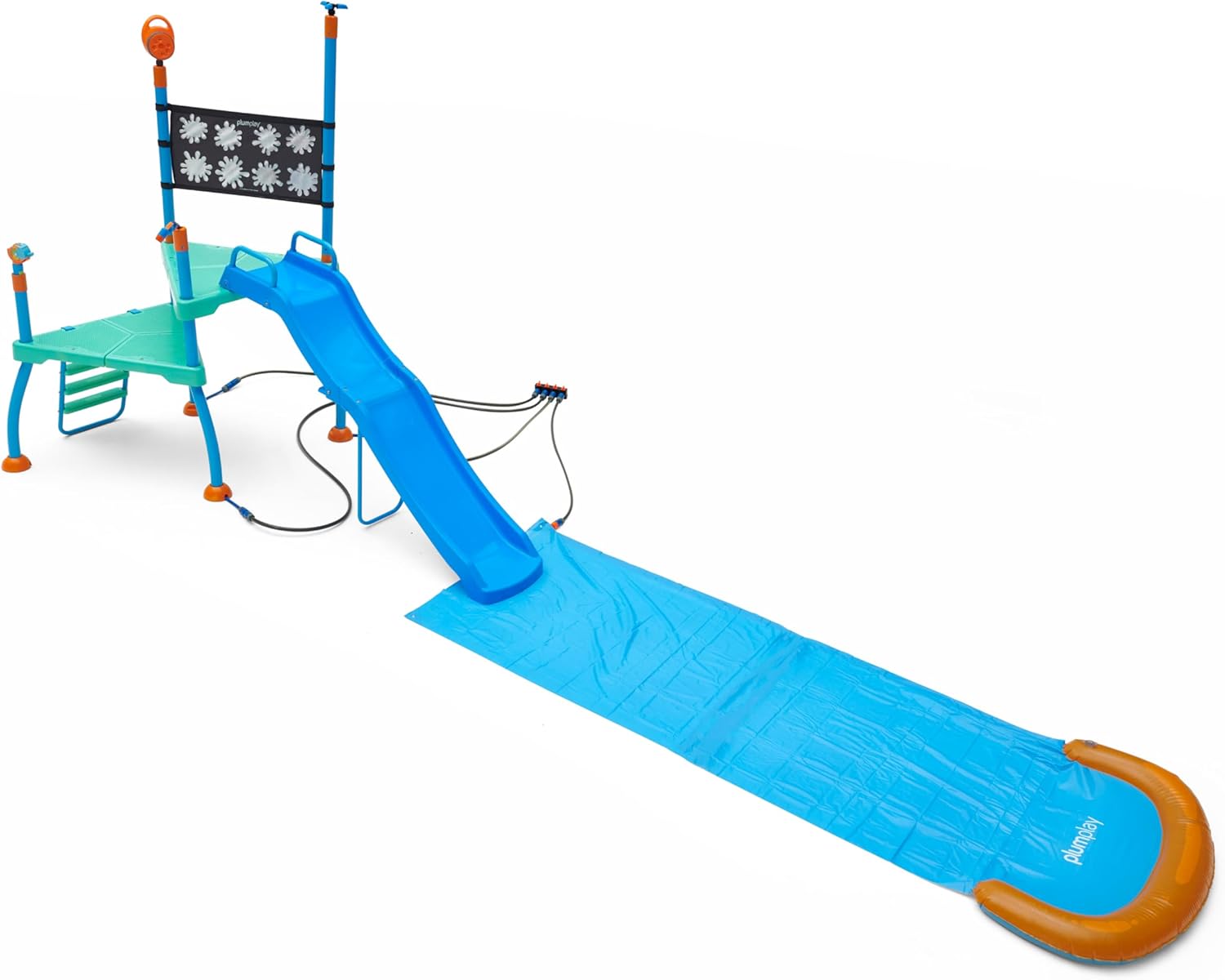 Plum Play Kids Outdoor Water Slide Play Equipment - with Built-in Toy Sprinklers, Backyard Waterpark with Bubble Blower, Coloring Wall 3 Years+, Up to 220 lbs (Shower Tower)