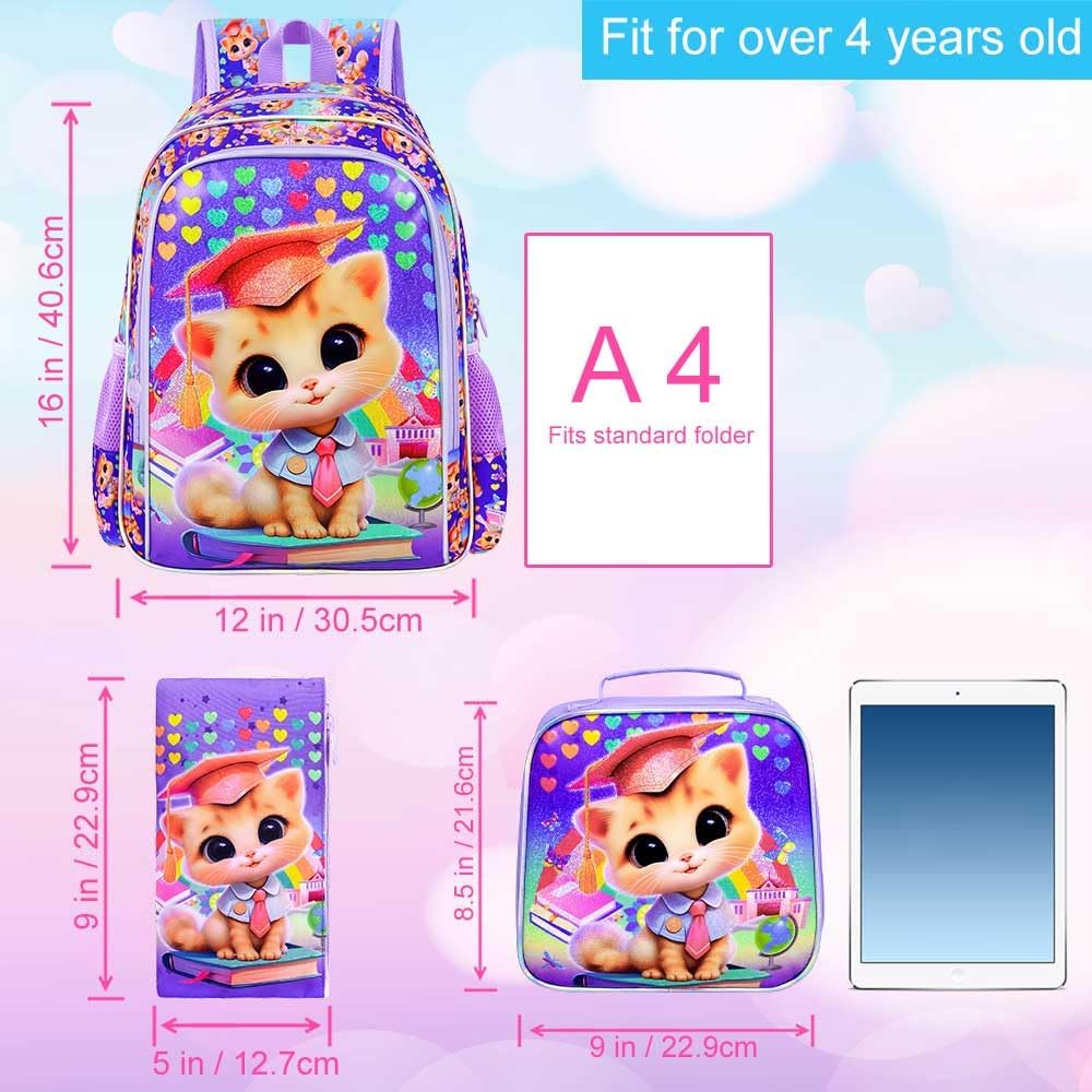 3PCS Girls Cat Backpack, 16" Kids Bookbag with Lunch Box, Kids Water Resistant Elementary Prechool Toddler Shool Bag - Purple Dr. Cat - Image 4