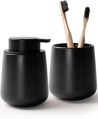 Miniatura 25 de Bosilunlife Juego de soporte de jabón y cepillo de dientes, juego de accesorios de baño de cerámica, juego de dispensador de jabón de manos espumoso