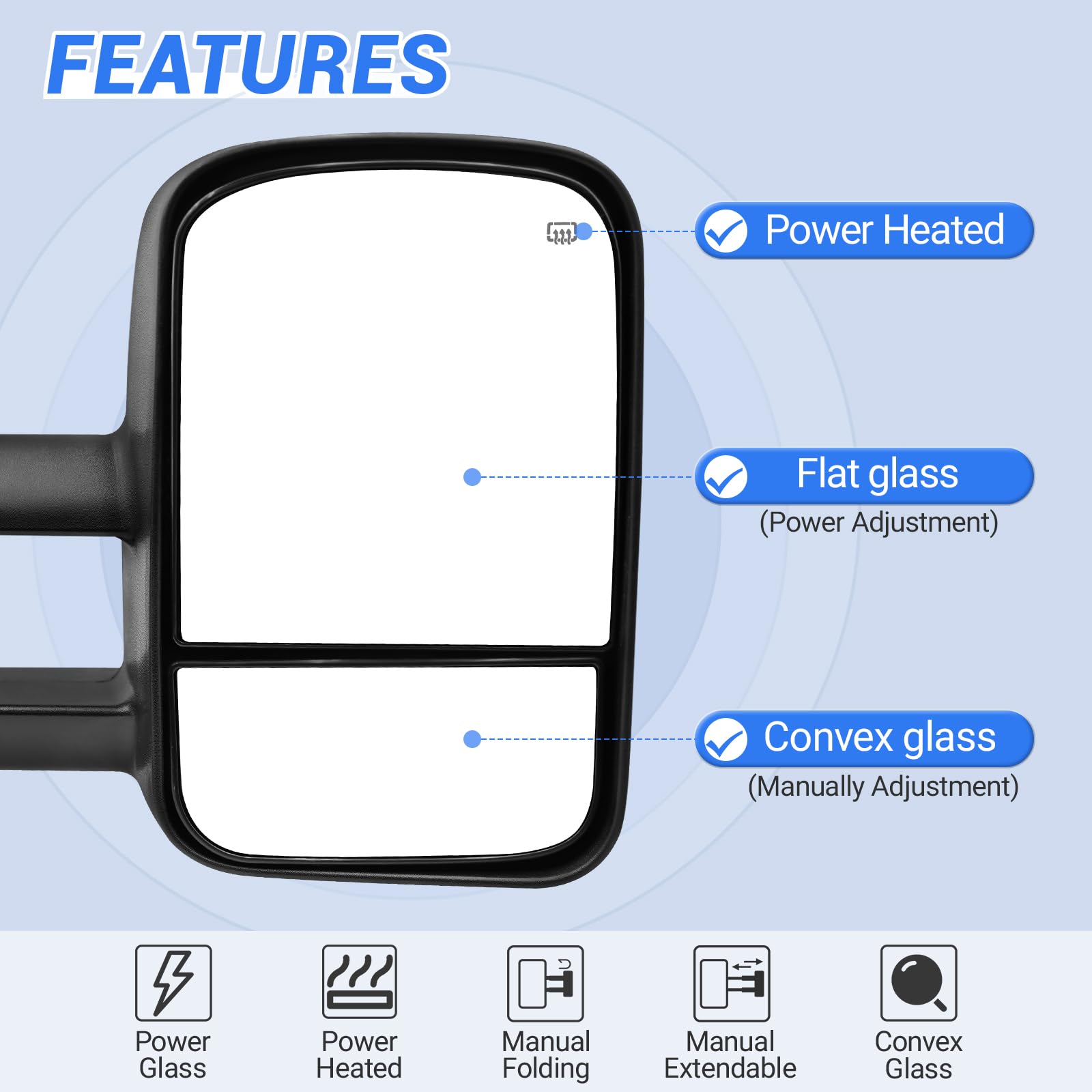 PZ Towing Mirrors Compatible with 1999-2002 Chevy Silverado for GMC Sierra 1500 2500 HD 3500 Yukon XL Suburban Tahoe Black Power Heated Manual Folding Extendable Pair Set