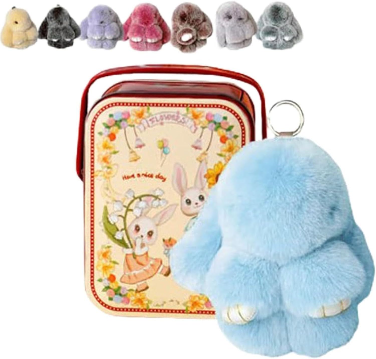XIUNYIE Easter Bunny Plush Keychain in Iron Gift Tin, Fluffy Rabbit Keyring Kawaii Soft Furry Pendant for Handbag or Backpack Cute Decorative Charm, Birthday Christmas, #I