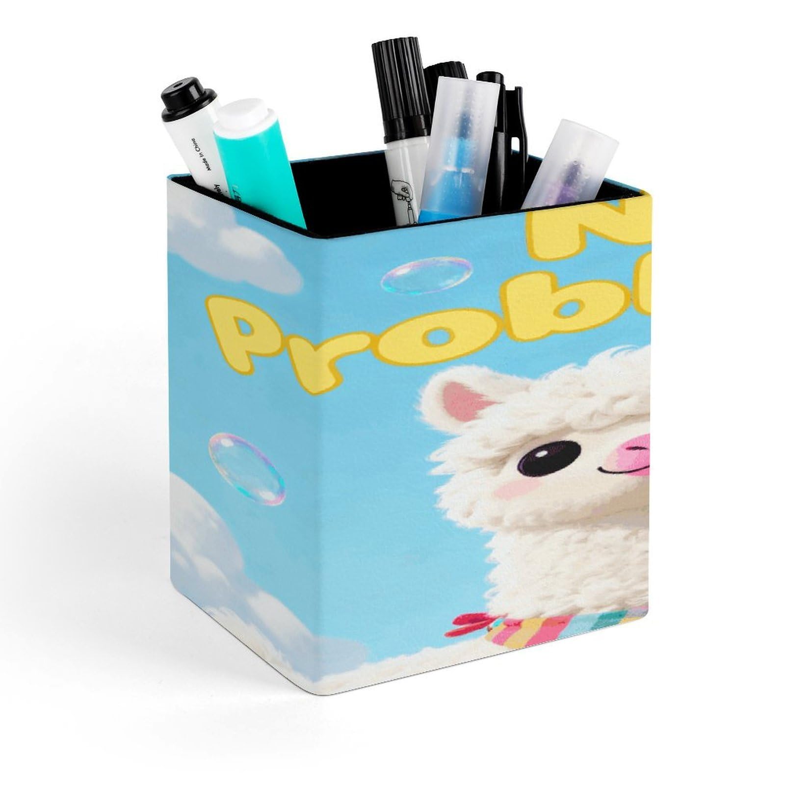 LZQPOEAS No Probllama Square Pen Pencil Holder PU Leather Pencil Cup Desktop Stationery Organizer Office Accessories Container