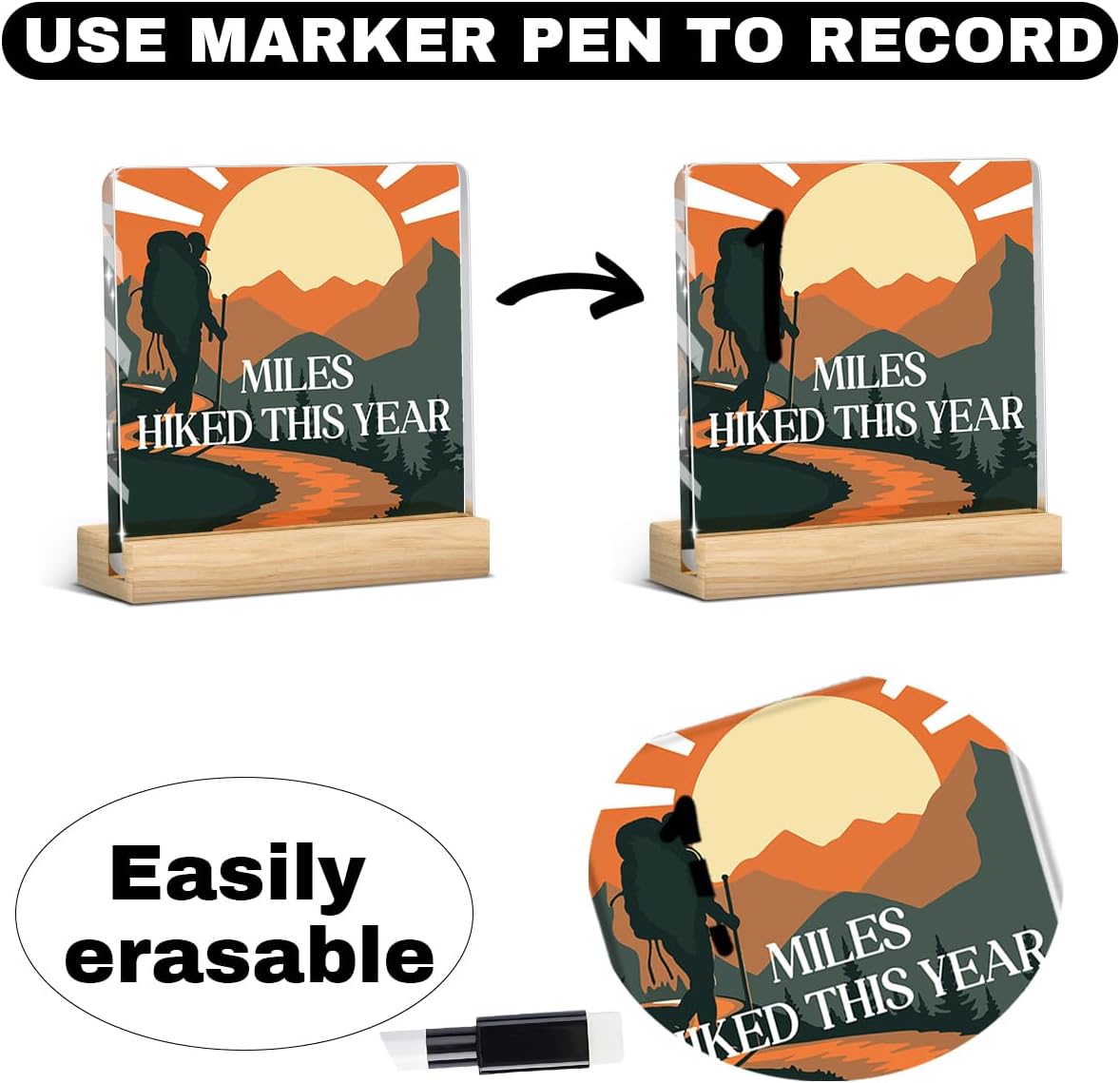 Hiking Miles Tracker Desk Accessories Decor Track Stuff Motivational Acrylic Sign for Table Home Decor,Wipeable Acrylic Sign Gifts for Hiking,Men, Women with Wood Stand 4 X 4 Inches image 2