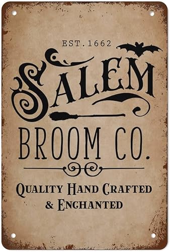 Letrero de metal vintage de metal Salem Broom Company, decoración gótica de Halloween, decoración de pared vintage, decoración de pared hippie para