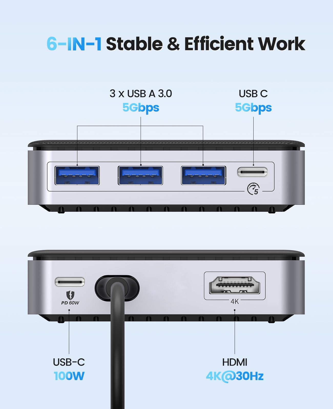 ORICO Hub USB C 6 in 1 Docking Station con 4K HDMI, PD 100W, 5Gbps USB C 3.0, 3 Porta USB A 3.0, Adattatore Splitter Tipo C per MacBook Air Pro M2 M1 iPad Surface Dell Hp (15cm)