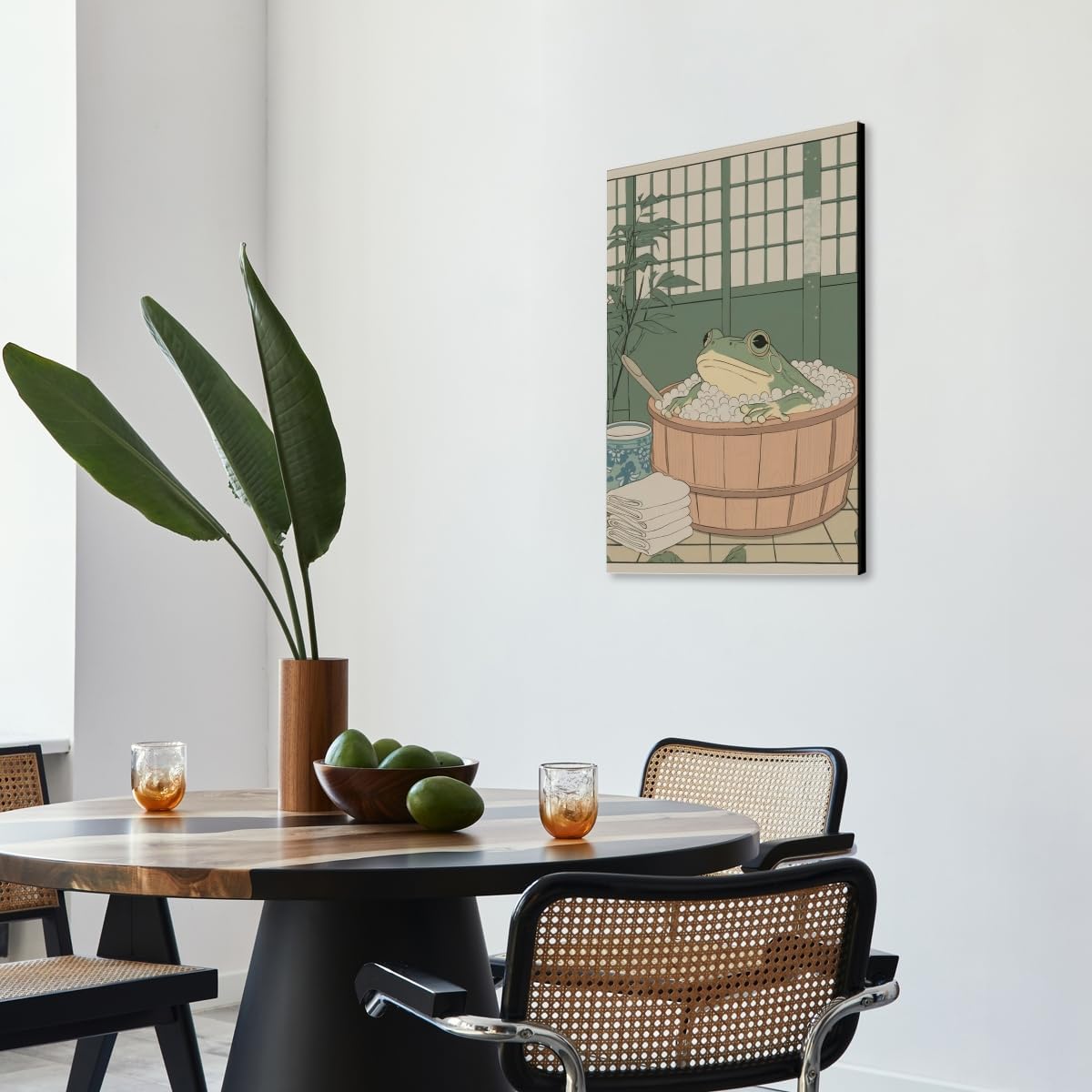 Frog in Bathtub Japanese Poster Bathroom Canvas Wall Art Frog Bathroom Decor Relaxing Japan Print Aesthetic Minimalist Neutral Pictures Painting for Bedroom Living Room 12x18inch Framed