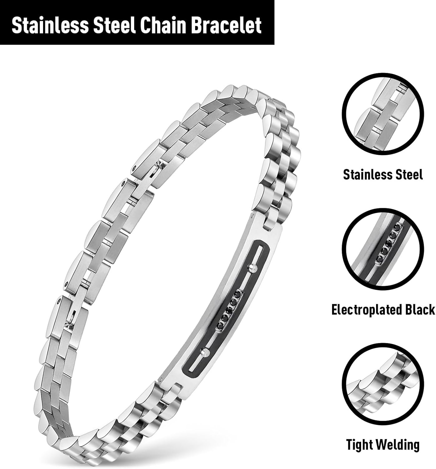 Black&Silver Bracelets for Men, Link Chain Stainless Steel Bracelet for Men, Charm Jewelry for Birthday Annivesary Fathers Day Valentines, Dad Husband Boyfriend,Casual Trendy Cool Adjustable