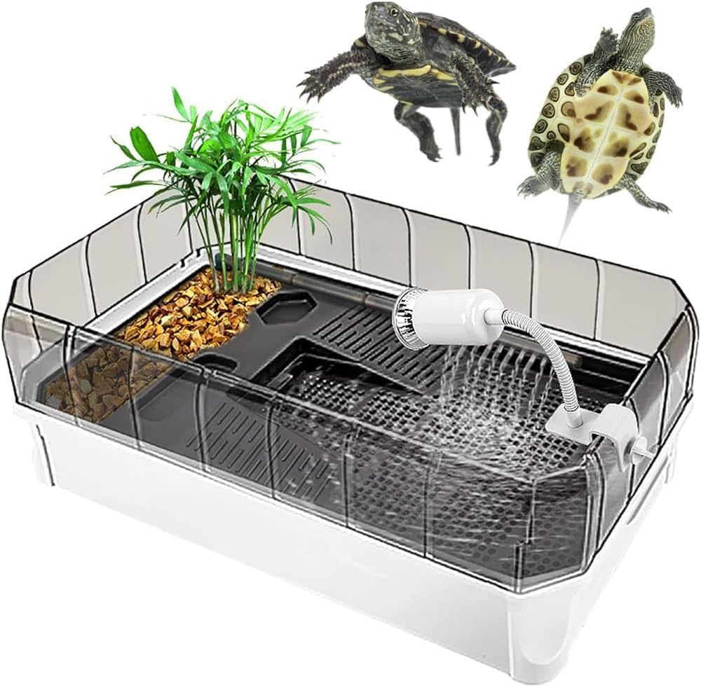 Tanque de tortuga con plataforma para tomar el sol, hábitat de acuario multiárea para alimentación, cría e hibernación, incluye filtro de algodón y plantas, fácil de limpiar y cambiar de agua